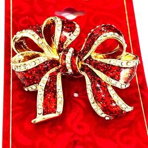 NWT Macy’s Holiday Lane Christmas brooch gold bow red enamel white rhinestones